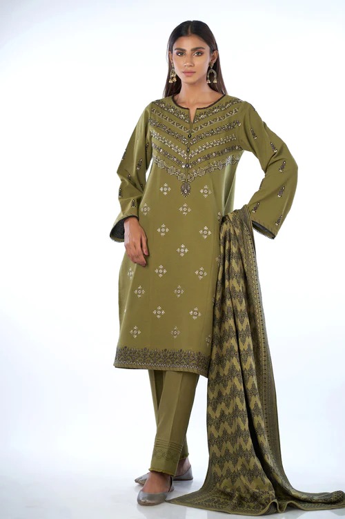 Unstitched 3 Piece Embroidered Karandi Suit with Shawl